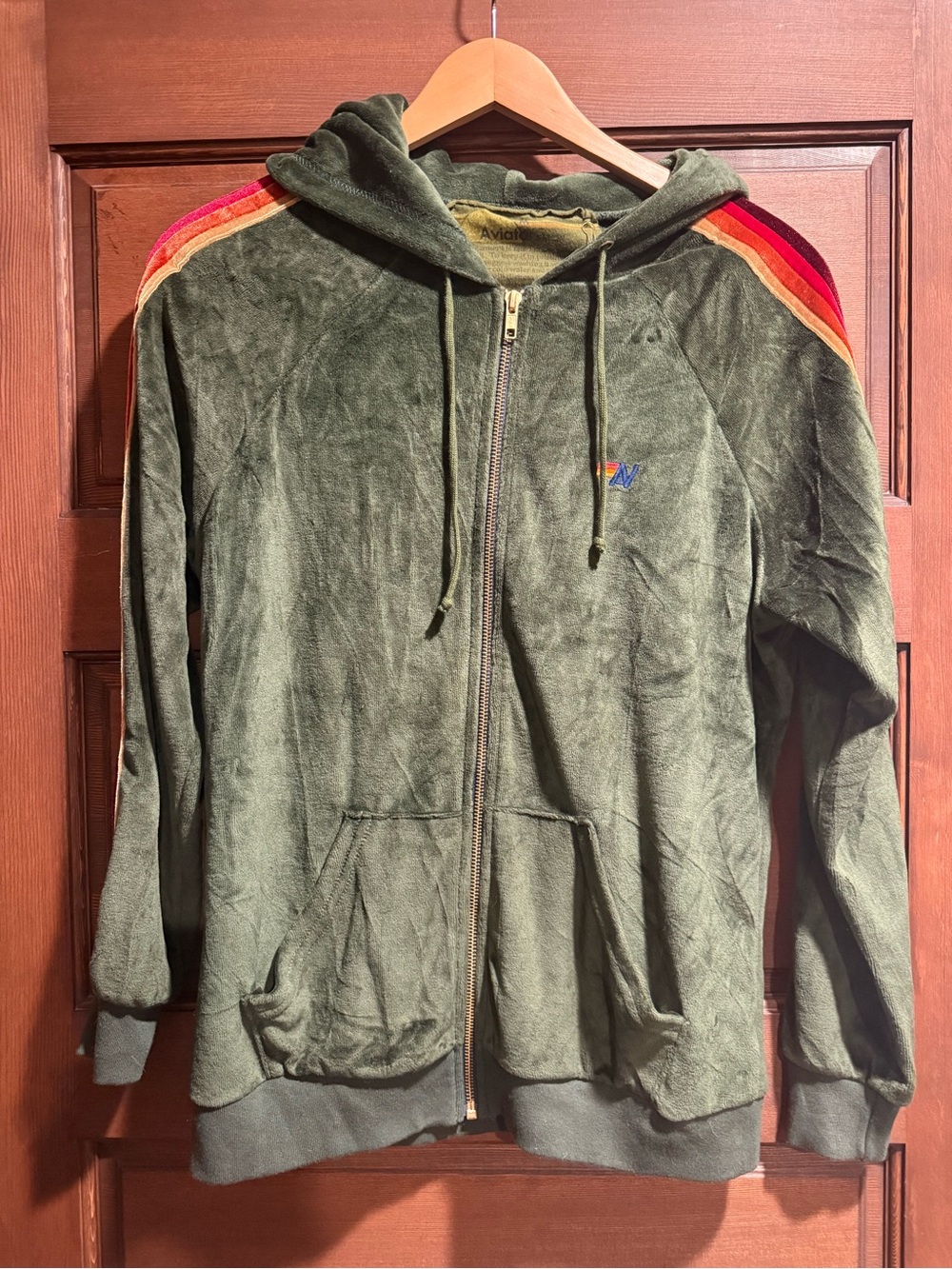 NWT Aviator Nation Green Zip Hoodie with Rainbow Shoulder Stripes M SOFT
